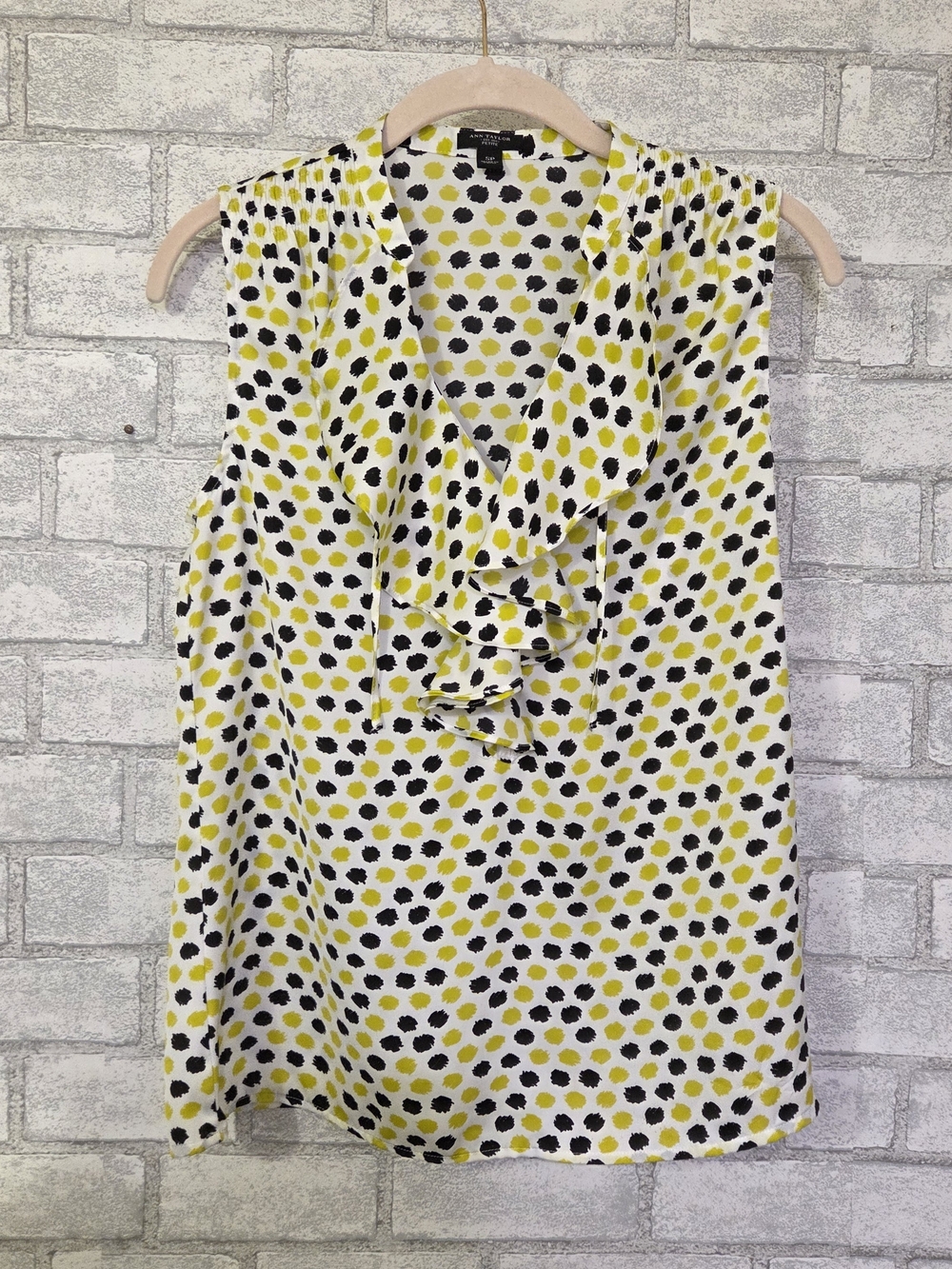 Ann Taylor Petite White Blouse with Yellow & Black Spot Print